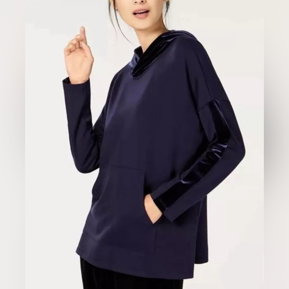 Eileen Fisher Velvet Trim Hoodie Top, Size XS